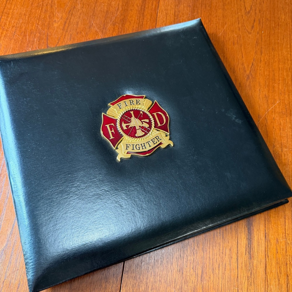 Fire Fighter Black Faux Leather Photo Album Scrapbook Maltese Cross Emblem FD